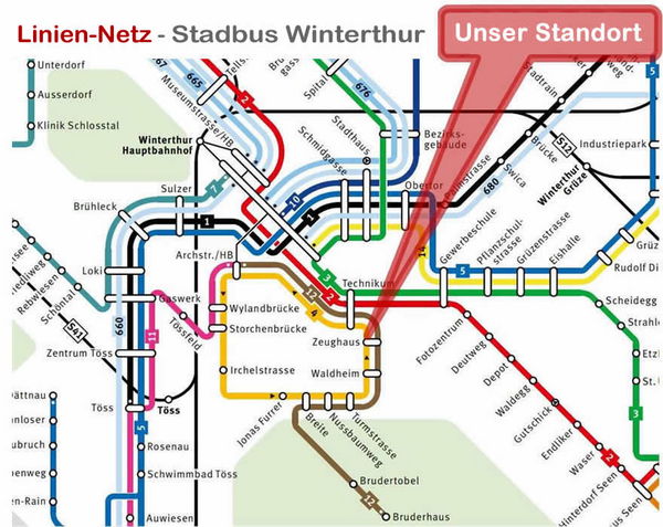 Die Busslinien zum  Praxis für Laserohrakupunktur & Veränderungsoaching für Systemische Aufstellungen - Praxis für Laserohrakupunktur und Veränderungscoaching - www.laser-ohr-akupunktur.ch